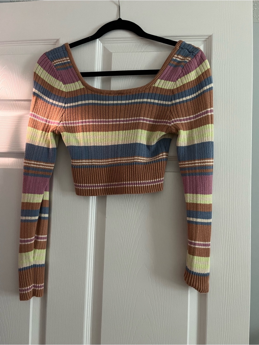 Roxy Striped Ribbed Scoop-Neck Crop Top - Brown, Blue, Pink, Cream 100% cotton